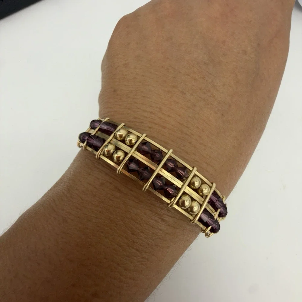 Vintage Rolled Gold Wire Wrapped Bracelet Purple Crystal Faux Pearl Beaded Read